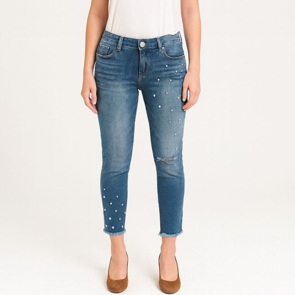 Ashley Mason Juniors Embellished Jeans High Rise Relaxed Frayed Hem Gems Size 1 - Picture 1 of 11